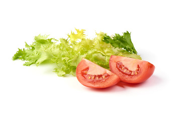 Slice tomato with green fresh salad and spices, isolated on white background.