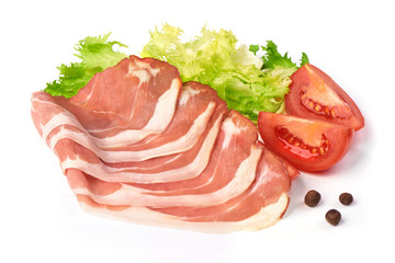 Slices dried pork meat with green lettuce, tomatoes and spices, isolated on white background.