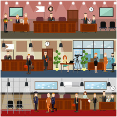 Legal trial concept vector flat poster set