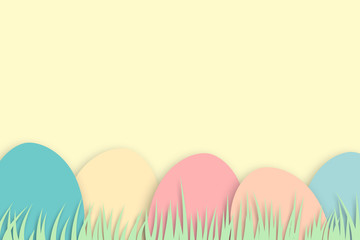 Pastel colored minimal easter design with colored easter eggs and grass on background