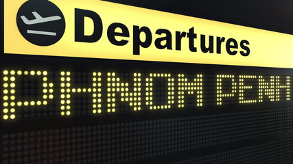 Flight to Phnom Penh on international airport departures board. Travelling to Cambodia conceptual 3D rendering
