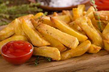 Homemade french fries with organic ketchup