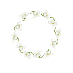 White flowers border isolated on white background. Design for greeting card or wedding invitation. Hand drawn watercolor illustration.