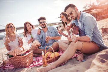 Group of friends having a party on the beach.