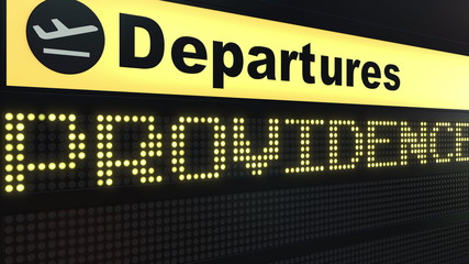 Fototapeta premium Flight to Providence on international airport departures board. Travelling to the United States conceptual 3D rendering