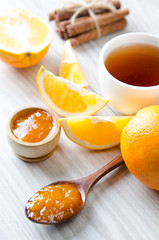 Cup of tea served with orange jam