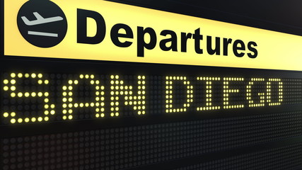 Flight to San Diego on international airport departures board. Travelling to the United States conceptual 3D rendering