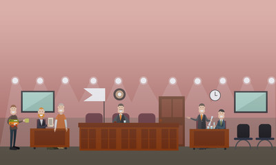 Court hearing concept vector flat illustration