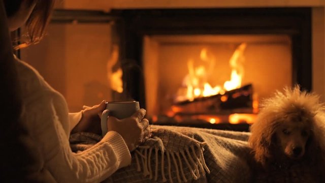 Young woman with her dog sitting at home by the fireplace and drinking a mug of cocoa .