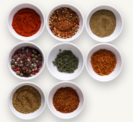 Diverse spices in plates on dark background, closeup, copy space