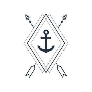 Hand Drawn Nautical Badge With Anchor Textured Vector Illustration. Geometric Style.