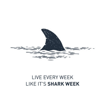 Hand drawn nautical badge with shark's fin textured vector illustration and "Live every week like it's shark week" lettering.