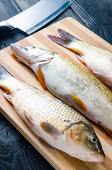 Uncooked fish on cutting board in meal preparation concept