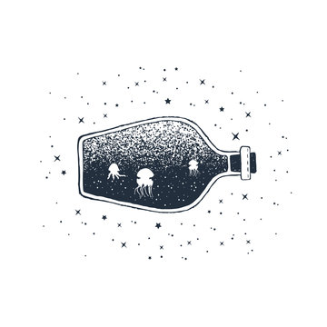 Hand drawn nautical badge with jellifish in a bottle textured vector illustration.
