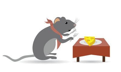 mouse eating cheese on table with fork and knife