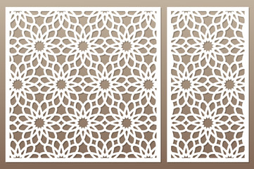 Template for cutting. Geometric flower pattern. Laser cut. Set ratio 1:2, 1:1. Vector illustration.
