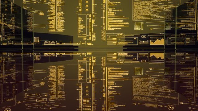  HUD futuristic Intro.Broadcast style Glass and Data interface technological Background.Camera Zoom in through Glass data center Servers and reaches main HUD screen.News report opener.Golden.Type 2