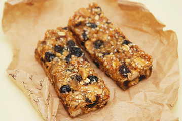 Healthy Homemade Fitness, Healthy Granola Bars and Various Ingredients on Background