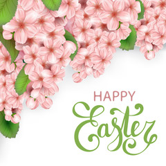 Easter vector banner design with sakura flowers and leaves. Spring cherry blossoms background. Realistic japan cherry branch with blooming flowers. Happy Easter lettering.