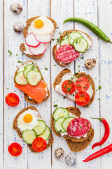 Homemade bruschetta. Mini sandwiches. Traditional spanish tapas on white table. Brushetta set.