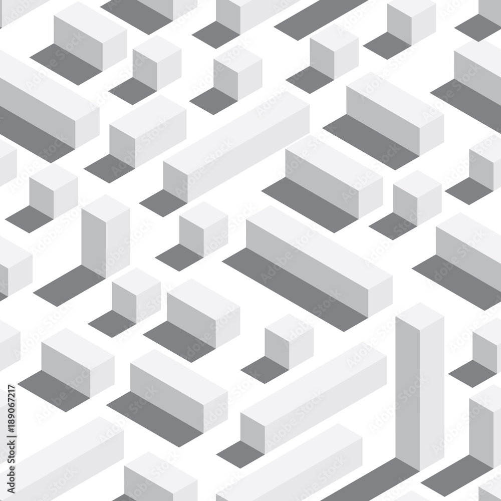 Poster vector seamless pattern with isometric blocks and shadows. white background, white elements.