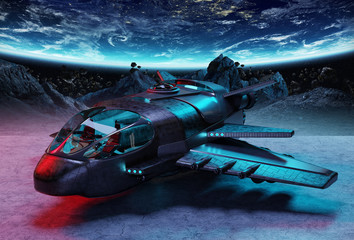 Futuristic spacecraft on planet background 3D rendering elements of this image furnished by NASA © sdecoret