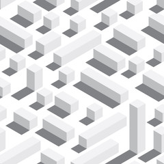Vector seamless pattern with isometric blocks and shadows. White background, white elements.