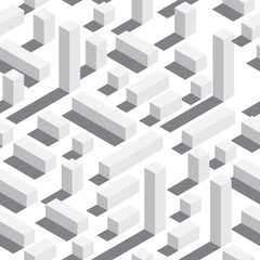 Vector seamless pattern with isometric blocks and shadows. White background, white elements