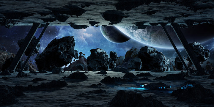 Astronauts exploring an asteroid spaceship 3D rendering elements of this image furnished by NASA