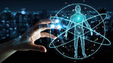 Businessman using digital x-ray human body scan interface 3D rendering