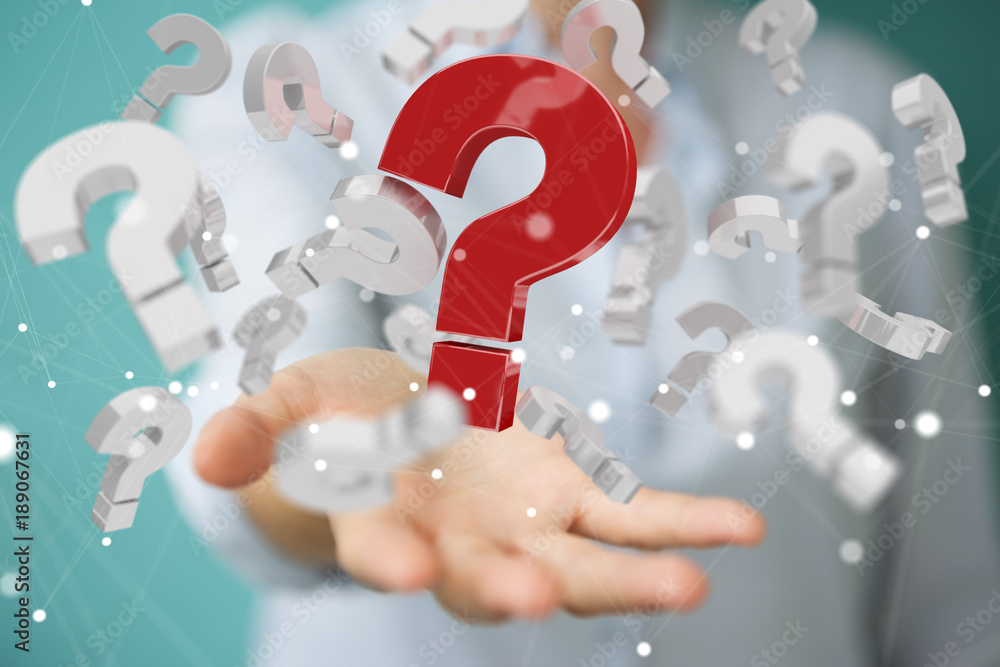 Poster Businesswoman using 3D rendering question marks