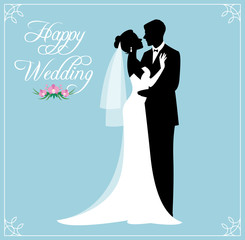 Silhouette of a loving couple of newlyweds groom and bride in wedding suits