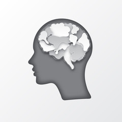 Colorful vector brain illustration, layered cut out colored paper human profile. Creative mind, learning and design concept. Paper carve of brain.