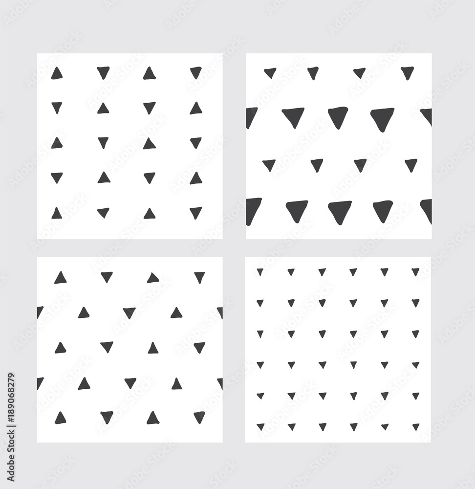 Poster set with hand drawn seamless patterns in black and white based on hand drawn triangles.