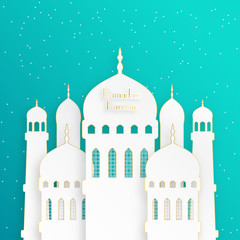 Creative islamic mosque made by paper cutout for holy month of muslim community, Ramadan Kareem celebration. Vector 3D paper mosque.
