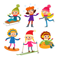 Cartoon teenaged girls in winter clothes, cartoon vector illustration