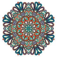 Round symmetrical pattern in blue, red, white and black colors. Mandala. Kaleidoscopic design. Cinco de mayo