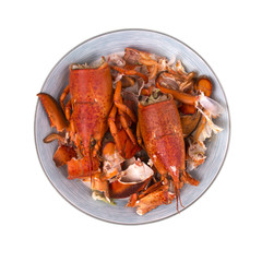 Plate of leftover lobsters on a white background