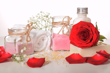 rose bath salt gray soap and red rose petals with pearls of vitamins