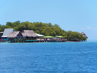 Island with a tropical restaurant over the sea, Crawl Cay, Caribbean, Bocas del Toro, Panama, Central America