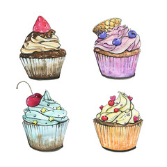 hand drawn set of watercolor cupcakes on white background