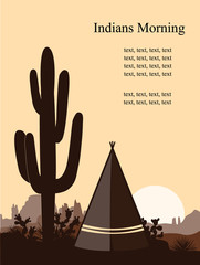 Indian wigwam silhouette with saguaro cacti, son , and mountains. American landscape with tribal tents © Toltemara