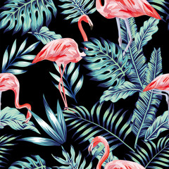 roze flamingo blauwe jungle