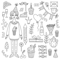 Birthday girl and birthday icons line doodle vector set