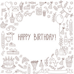 Birthday card template line doodles collection vector