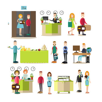 Hotel workers and guests vector illustration in flat style