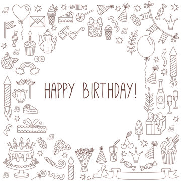 Birthday card template line doodles collection vector