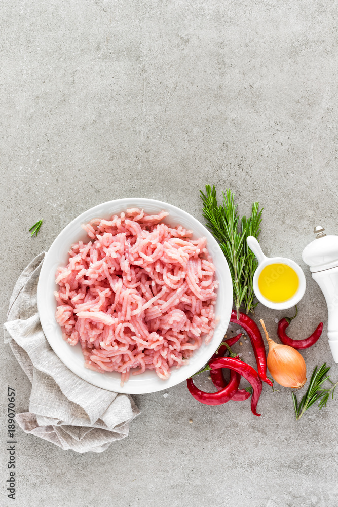 Sticker mince. ground meat with ingredients for cooking on light grey background. top view