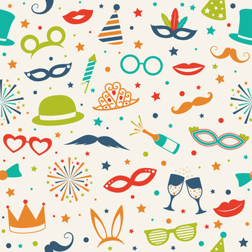 Party background - seamless pattern with funny costumes. Vector.