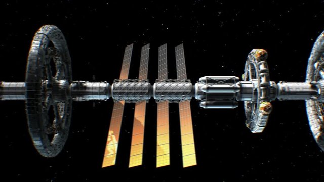 Sci-fi interplanetary spaceship on stars background